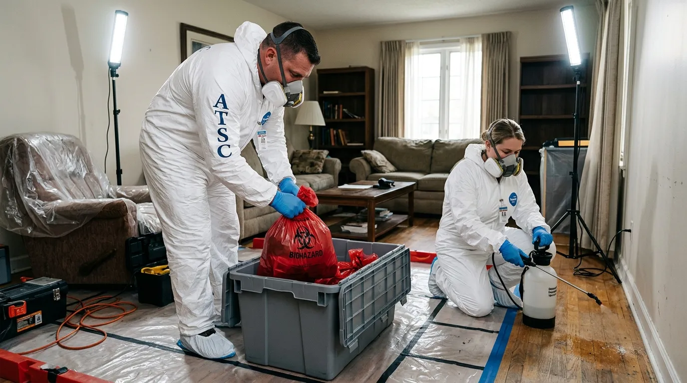 Professional Hazmat Cleanup technician in full PPE working in North Gates